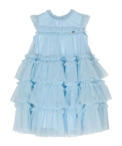 Monnalisa Kids' Logo-plaque Ruffled Dress In Blue