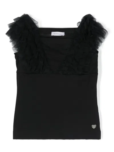 Monnalisa Kids' Logo-plaque Ruffled Tank Top In Black