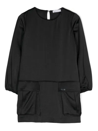 Monnalisa Kids' Logo-plaque Satin Dress In 黑色