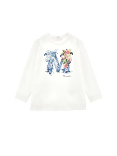 Monnalisa Kids'   Logo Print Cotton T-shirt With Rhinestones In Cream