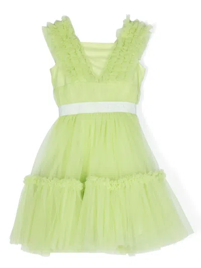 Monnalisa Kids' Logo-tape Ruffled Dress In Green