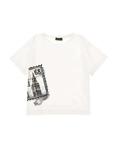 Monnalisa Kids'   London Print Cotton T-shirt In Cream