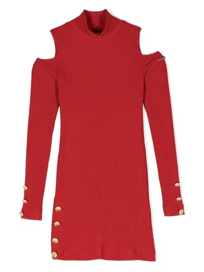 Monnalisa Kids' Long-sleeve Ribbed-knit Dress In Rosso