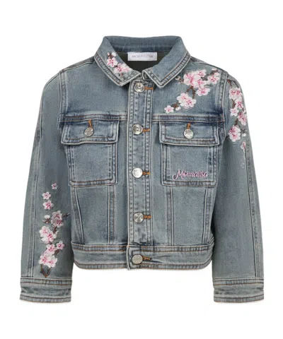 Monnalisa Kids' Long-sleeved Denim Coat In Gray