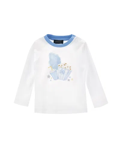 Monnalisa Kids'   Long-sleeved Pop Print T-shirt In Cream + Light Blue