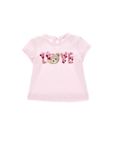 Monnalisa Kids'   Love And Teddy Bear Print Jersey T-shirt In Rosa Fairy Tale