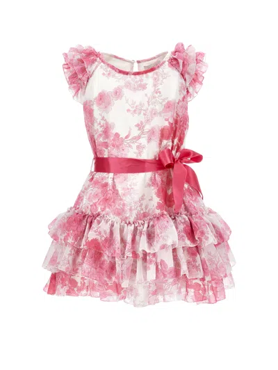 Monnalisa Kids'   Low-waisted Tulle Dress In Cream + Magenta