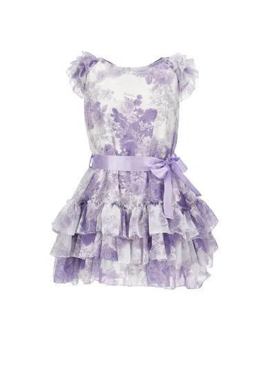 Monnalisa Kids'   Low-waisted Tulle Dress In Cream + Wisteria