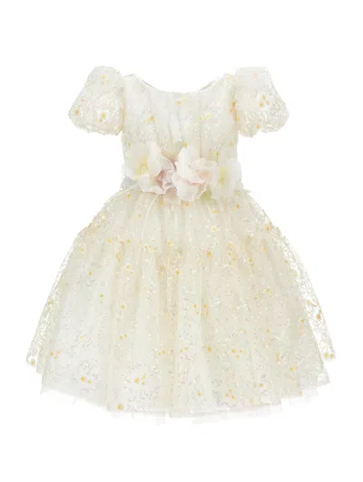 Monnalisa Kids'   Ludovica Embroidered Tulle Dress In Cream + Light Yellow
