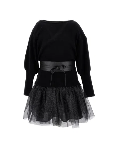 Monnalisa Kids'   Lurex Knit Dress With Belt In Black + Silver