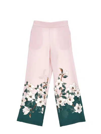 Monnalisa Magnolia Print Palazzo Trousers In Onion + Green