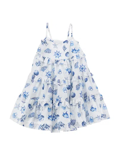 Monnalisa Kids'   Marine Print Muslin Sundress In White + Blue