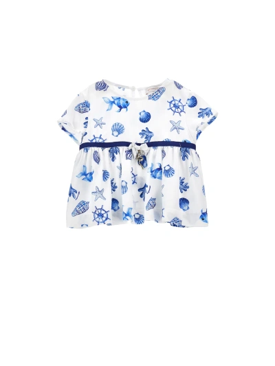 Monnalisa Kids'   Marine Print Satin Top In White + Blue