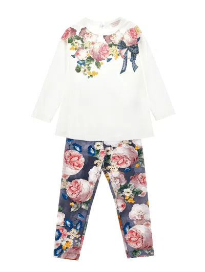 Monnalisa Kids' Floral-print Cotton Trouser Set In Cream + Navy Blue