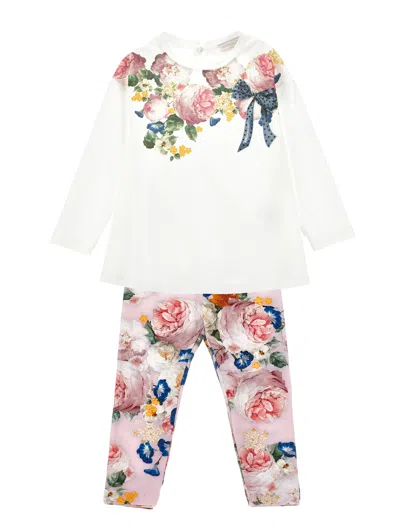 Monnalisa Maxi T-shirt With Leggings In Cream + Purple