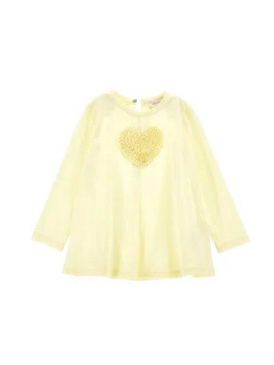 Monnalisa Kids'   Maxi T-shirt With Ruched Heart In Light Yellow