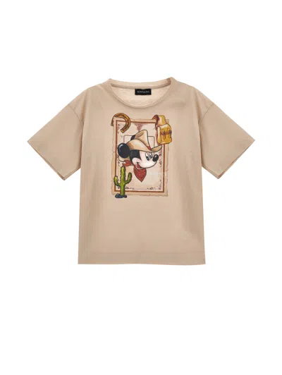 Monnalisa Kids'   Mickey Mouse Jersey T-shirt In Beige + Red