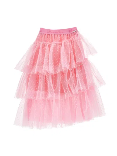 Monnalisa Kids'   Midi Tulle Skirt In Candy Pink + Cream