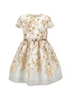 Monnalisa Mikado Dress With Ramage Print In Cream + Gold