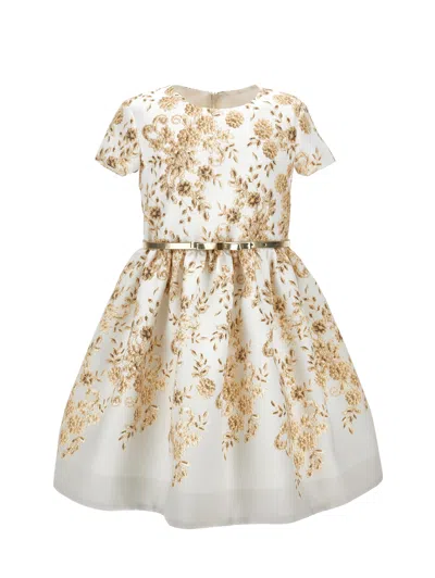 Monnalisa Kids'   Mikado Dress With Ramage Print In Cream + Gold