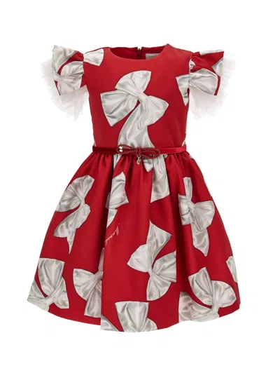 Monnalisa Kids' Bow-printed Belted Dress In Red