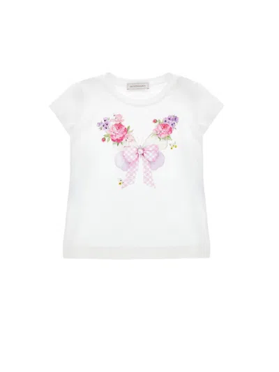 Monnalisa Mini Butterfly Print Short Sleeve Crew Neck T-shirt In White