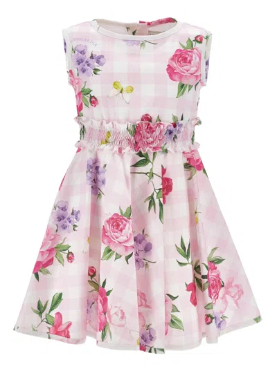 Monnalisa Mini Floral Dress With Butterfly Tail For Girls In Pink