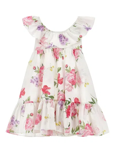 Monnalisa Mini Floral Muslin Dress With Ruffle Neckline In White