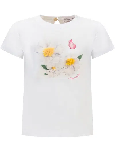 Monnalisa Mini Floral Print T-shirt In Bianco