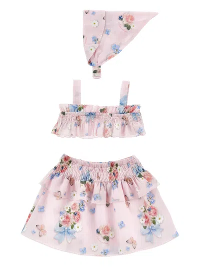Monnalisa Mini Floral Ruffled Dress With Sophisticated Waistband In Pink