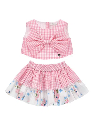 Monnalisa Mini Gingham Floral Print Dress With Bow Detail In Pink