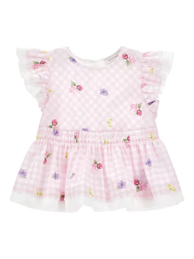 Monnalisa Mini Gingham-check Floral Print Top With Ruffled Sleeves In Multicolor