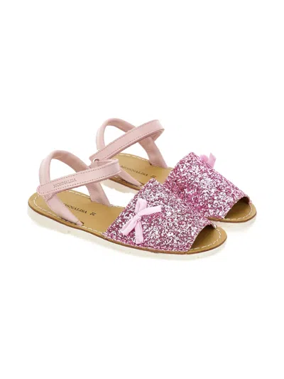 Monnalisa Mini Glitter Bow Ankle Strap Sandals In Pink