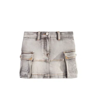 Monnalisa Kids' Mini Gonna Embellished Denim Cargo Skirt In Black