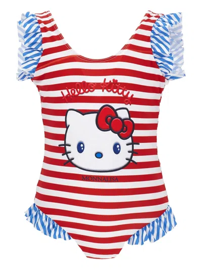 Monnalisa Mini Ruffled Hello Kitty Graphic Print Open Back Swimwear In Red