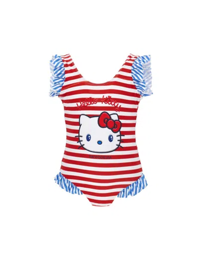 Monnalisa Mini Ruffled Hello Kitty Graphic Print Open Back Swimwear In Red