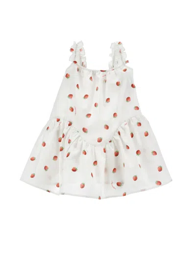 Monnalisa Mini Ruffled Strawberries Dress For Girls In White