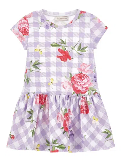 Monnalisa Mini Short-sleeve Checkered Dress With Floral Details In Purple