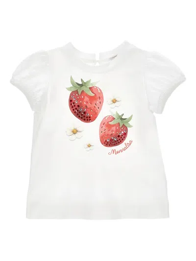 Monnalisa Mini Soft Balloon Sleeve T-shirt With Strawberry And Flower Print In White