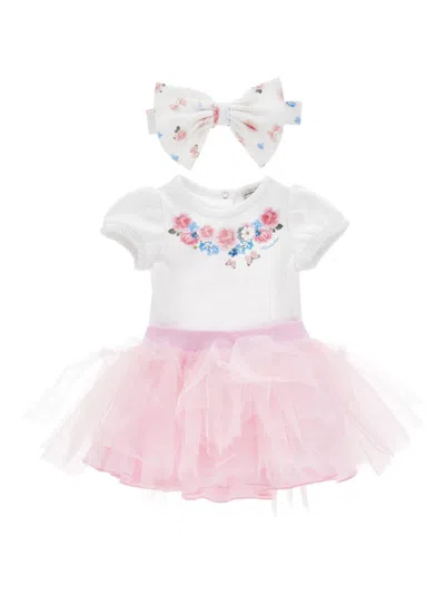 Monnalisa Mini Soft Fabric Bodysuit With Romantic Floral Print And Tulle Skirt In Pink