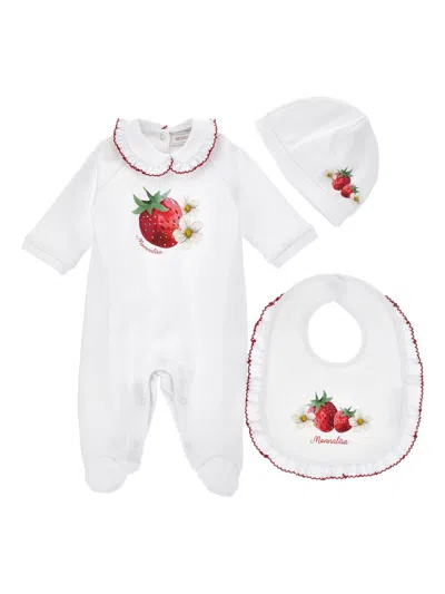 Monnalisa Mini Strawberry Print Ruffled Trim Peter Pan Collar Long Sleeve Dress In White
