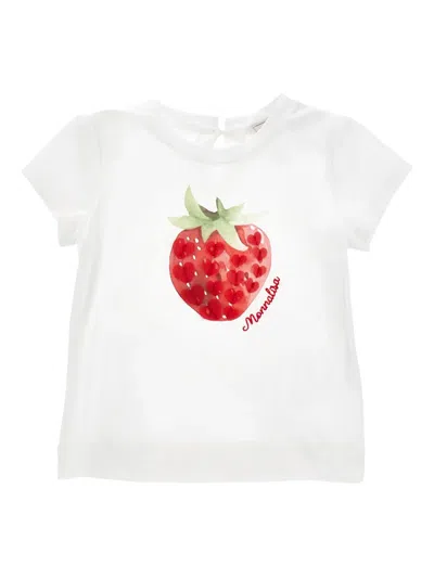 Monnalisa Mini Strawberry Print Short Sleeve Round Neck Top With Button Fastening In White