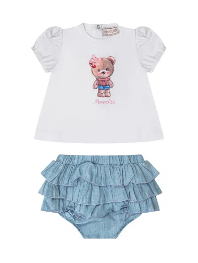 Monnalisa Mini T-shirt And Coulotte Set For Spring/summer 2025 In Bianco-indaco