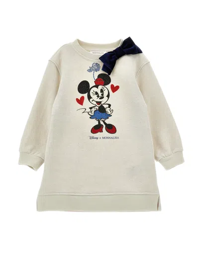 Monnalisa Kids' White Crewneck With Bow Detail On The Front And Print On The Front In Cotton Blend Girl In Neutral