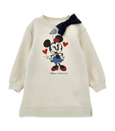 Monnalisa Kids' White Crewneck With Bow Detail On The Front And Print On The Front In Cotton Blend Girl In Neutral