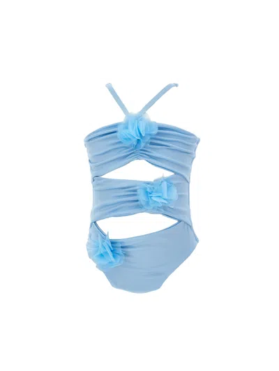 Monnalisa Floral-appliqué Cut-out Swimsuit In Light Blue