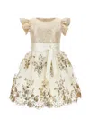 Monnalisa Sequin-embroidered Dress In Ecru + Gold