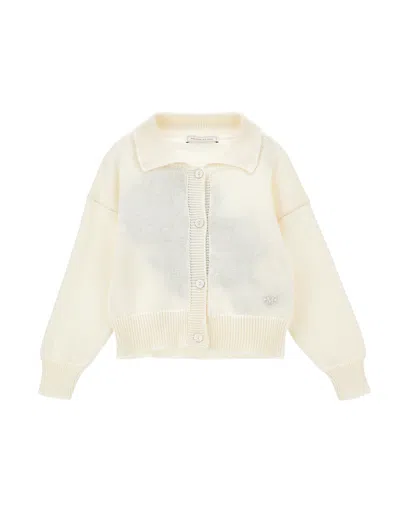 Monnalisa Kids'   Mix Cardigan With Rose Inlay In Cream + Navy Blue