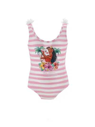 Monnalisa Kids' Floral-appliqué Striped Swimsuit In Multi
