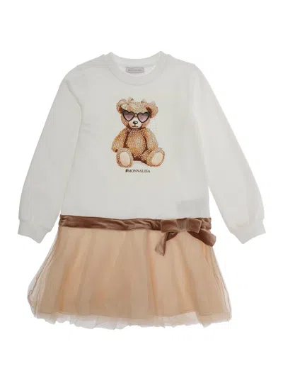 Monnalisa Kids' Multicolor Crewneck Dress With Crystal Embellishments On The Front And Bow Detail On The Front In Co